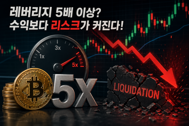 비트코인 선물 거래에서 레버리지 5배 이상 사용 시 청산 위험을 설명하는 차트 이미지