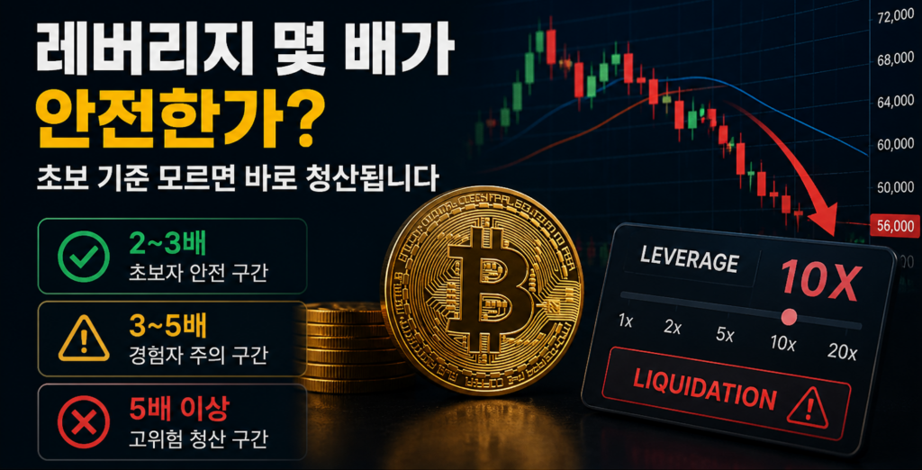 코인 선물 거래에서 안전한 레버리지 배수와 청산 위험성을 설명하는 비트코인 투자 이미지