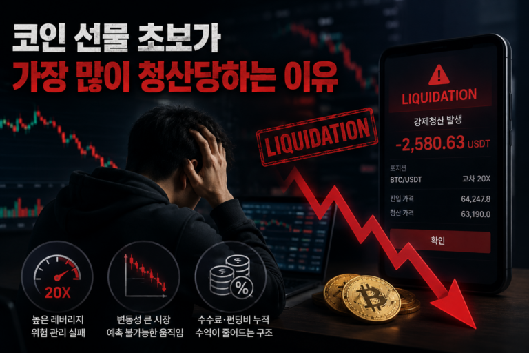 코인 선물 초보 투자자가 고배율 레버리지로 인해 강제청산되는 위험 구조를 설명하는 이미지