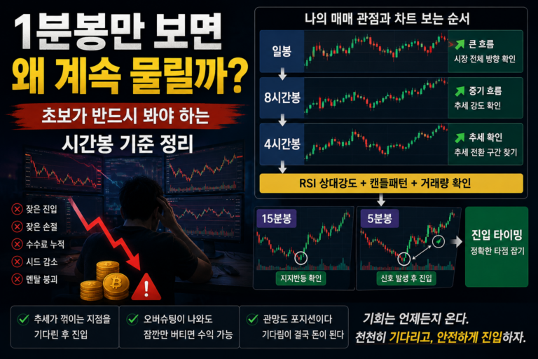 코인 선물 초보가 1분봉만 보다가 반복 손실과 감정매매에 빠지는 구조를 설명하는 비트코인 시간봉 분석 이미지