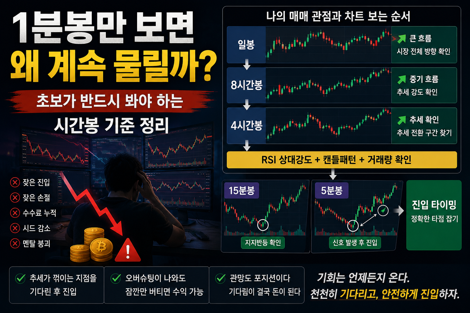 코인 선물 초보가 1분봉만 보다가 반복 손실과 감정매매에 빠지는 구조를 설명하는 비트코인 시간봉 분석 이미지