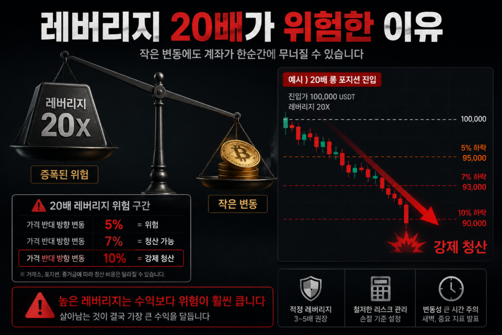 레버리지 20배 사용 시 작은 가격 변동에도 강제청산 위험이 커지는 구조를 설명하는 코인 선물 투자 이미지