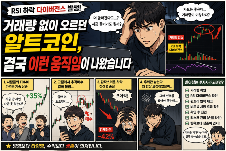 거래량 감소와 RSI 하락 다이버전스로 고점에서 무너진 알트코인 투자자 웹툰 이미지