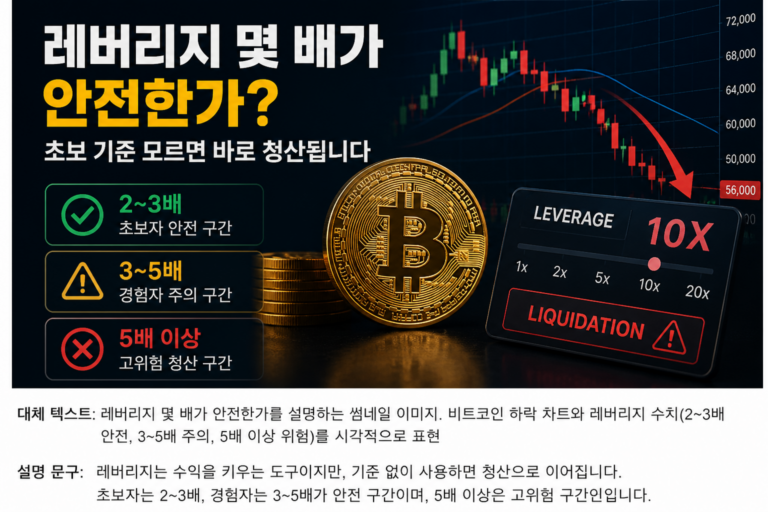 코인 레버리지 몇 배가 안전한지와 청산 위험을 설명하는 비트코인 선물 차트 이미지
