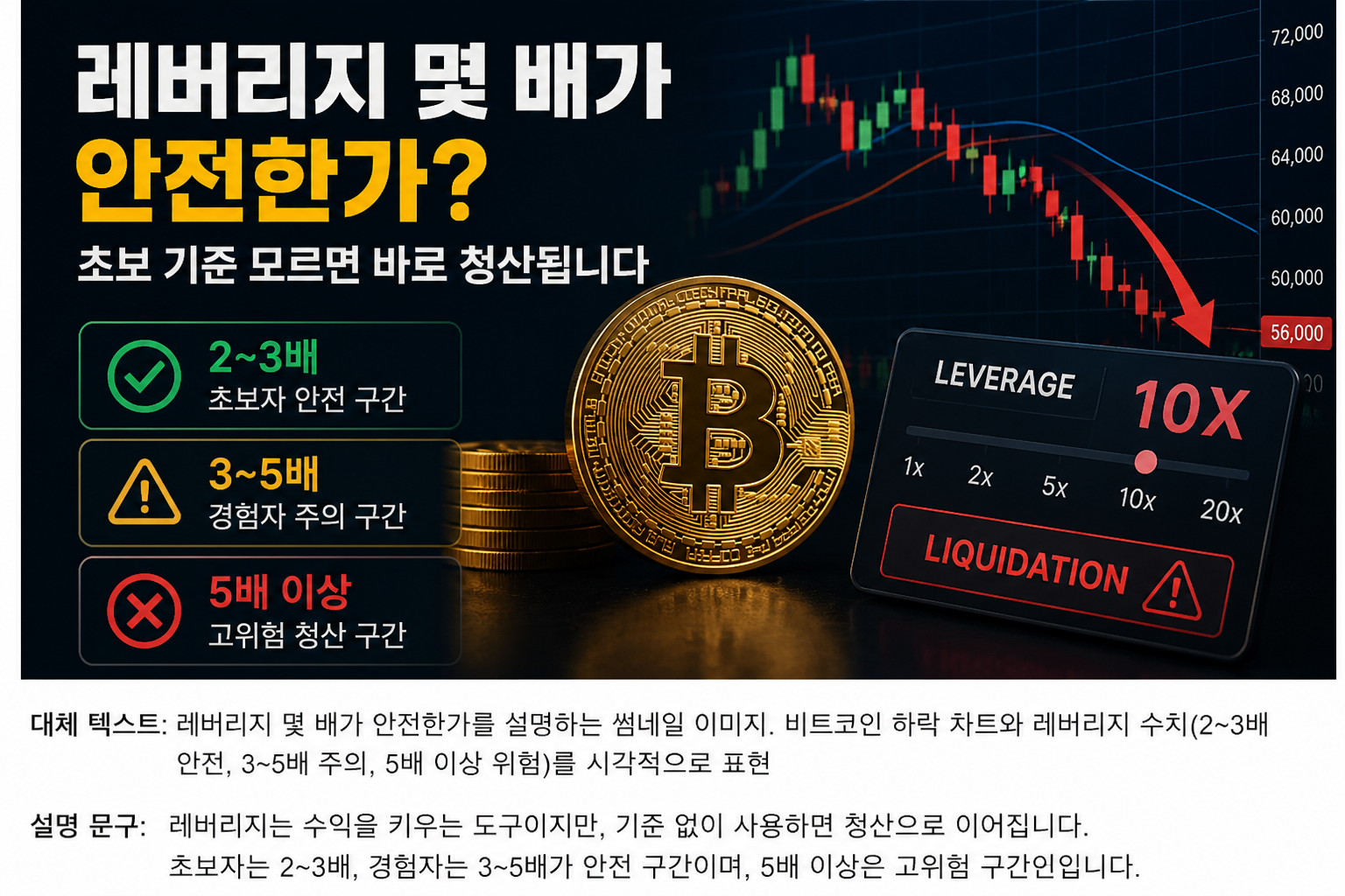 코인 레버리지 몇 배가 안전한지와 청산 위험을 설명하는 비트코인 선물 차트 이미지