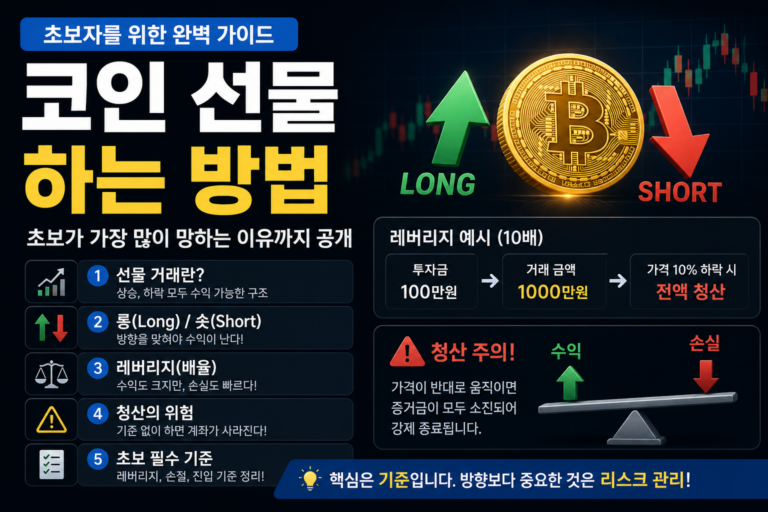 코인 선물 하는 방법과 롱 숏 개념, 레버리지와 청산 구조를 한눈에 정리한 이미지