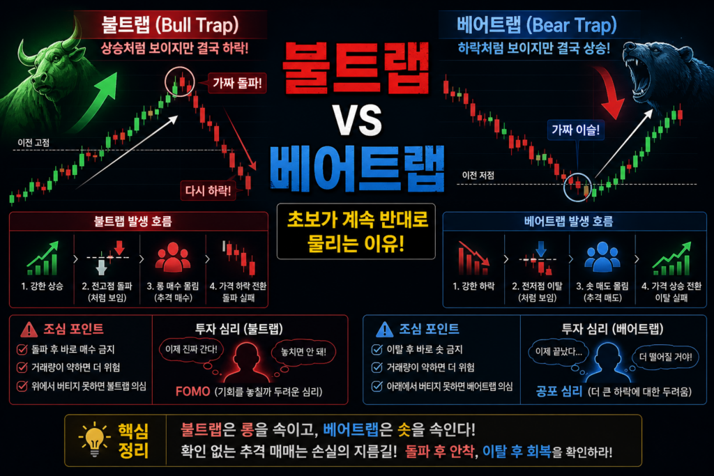 코인 불트랩 베어트랩 차이와 롱 숏 함정 구조를 설명하는 차트 이미지