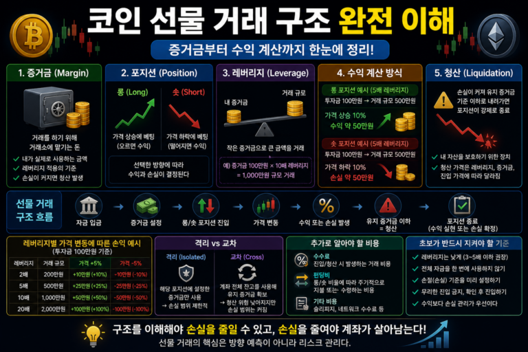 코인 선물 거래 구조 증거금 포지션 레버리지 수익 계산 청산까지 한눈에 정리한 이미지