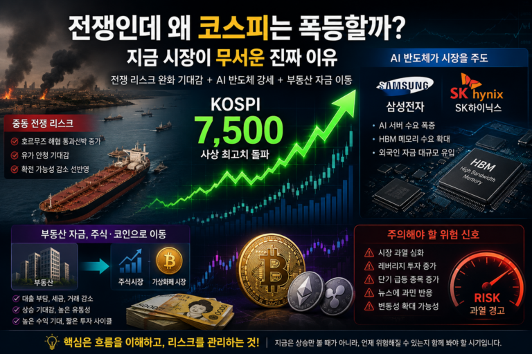 전쟁 리스크 완화와 AI 반도체 상승 기대감으로 코스피와 가상화폐 시장이 급등하는 흐름을 분석한 이미지