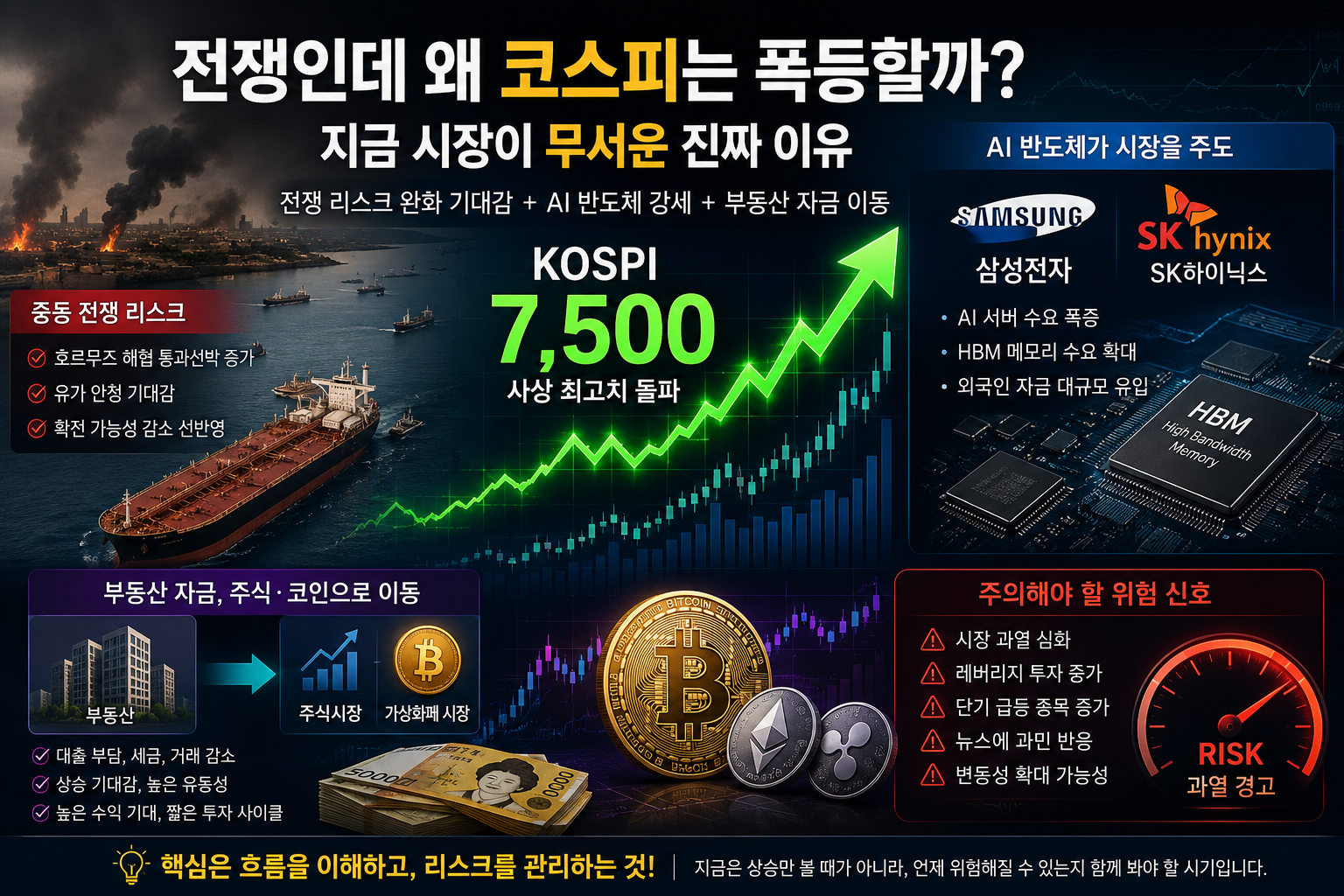 전쟁 리스크 완화와 AI 반도체 상승 기대감으로 코스피와 가상화폐 시장이 급등하는 흐름을 분석한 이미지