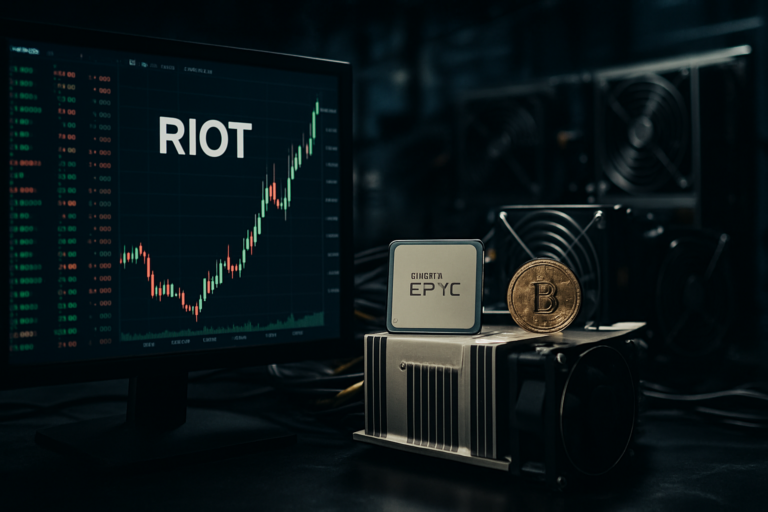 비트코인 채굴 기업 RIOT 주가와 자금 흐름을 나타내는 시장 분석 이미지