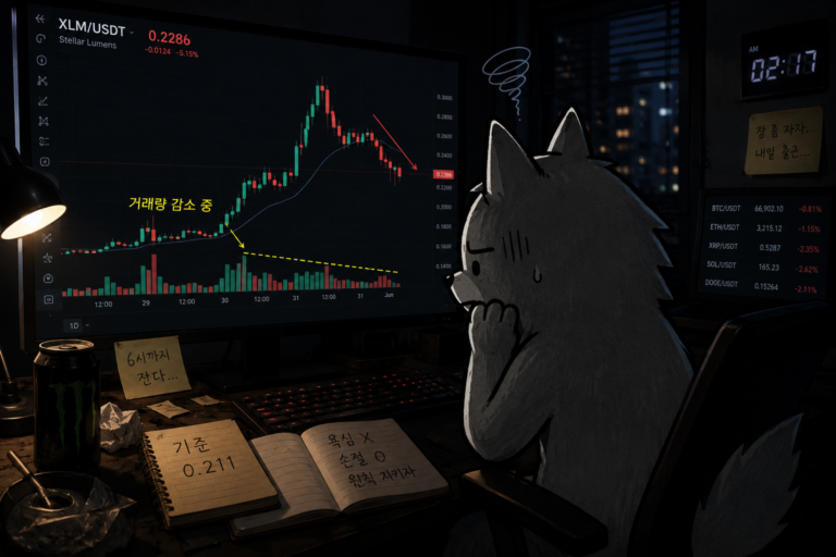 거래량 감소 중인 XLM 차트를 보는 늑도리