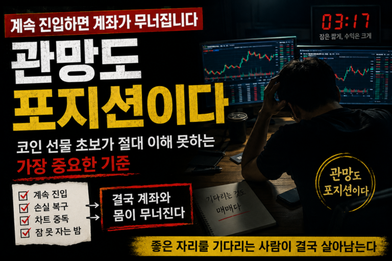 코인 선물 초보 투자자가 계속 진입과 감정 매매를 반복하다 계좌가 무너지는 구조와 관망의 중요성을 설명하는 썸네일 이미지