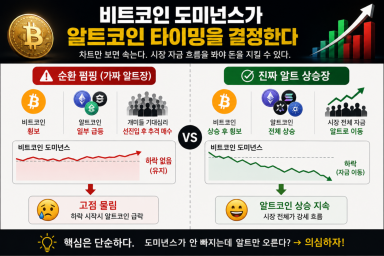 비트코인 도미넌스 상승과 하락에 따라 가짜 알트장과 진짜 알트 상승장을 비교한 인포그래픽 이미지