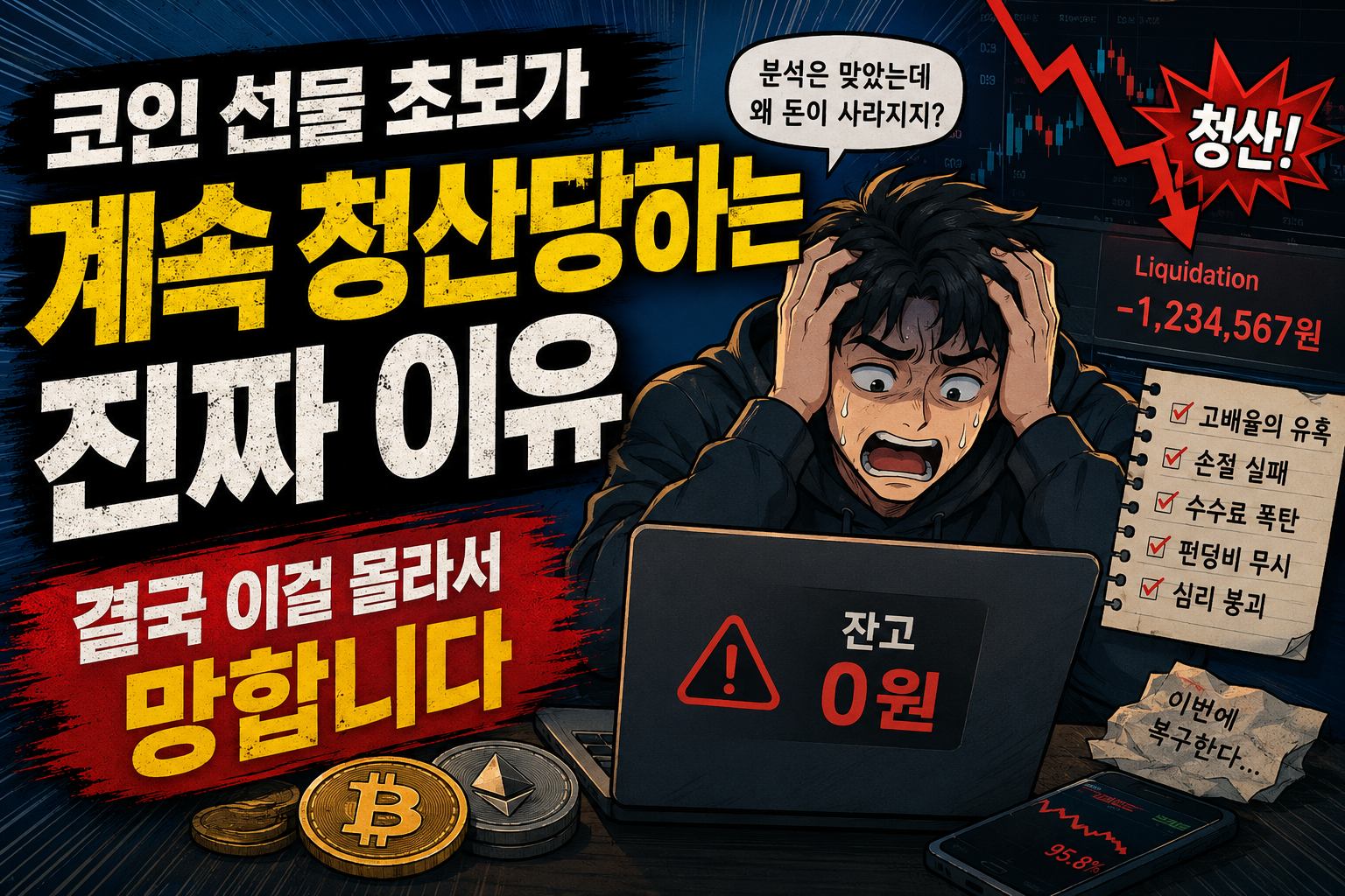 코인 선물 초보가 레버리지와 손절 실패로 반복 청산당하는 구조를 설명하는 웹툰 스타일 썸네일 이미지