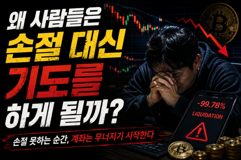 손절을 하지 못하고 기도매매를 하는 코인 선물 투자자와 청산 위험을 표현한 이미지