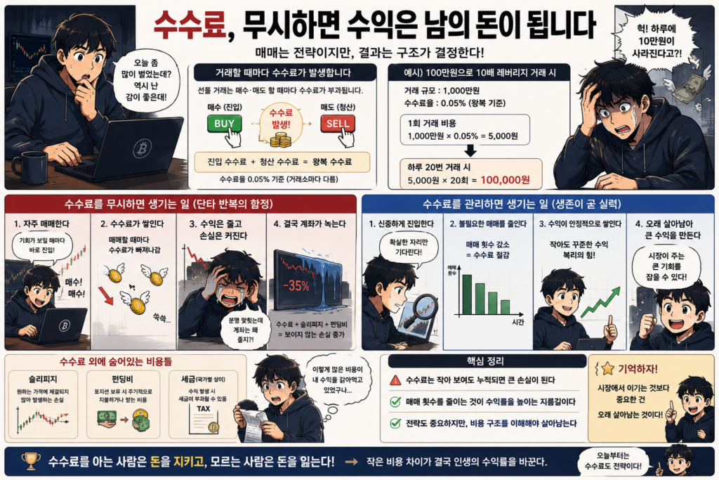 코인 선물 거래에서 반복 매매와 수수료 누적으로 계좌가 줄어드는 과정을 설명하는 웹툰 스타일 인포그래