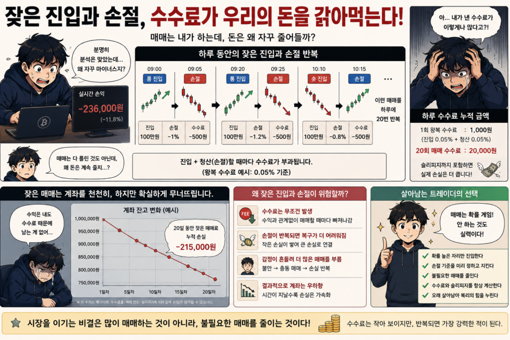 코인 선물 거래에서 반복 매매와 수수료 누적으로 계좌가 줄어드는 과정을 설명하는 웹툰 스타일 인포그래