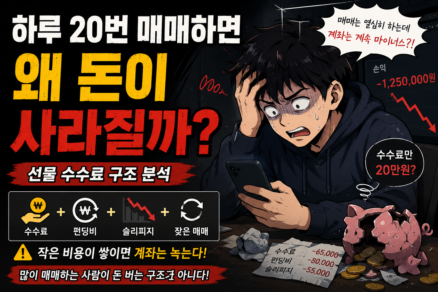 하루 수십 번 코인 선물 매매를 반복하다 수수료와 손실로 계좌가 줄어드는 상황을 표현한 웹툰 스타일 썸네일 이미지