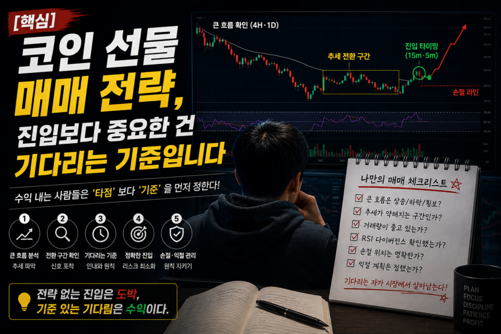 코인 선물 매매 전략과 진입 타이밍, 기다리는 기준의 중요성을 설명하는 트레이딩 이미지