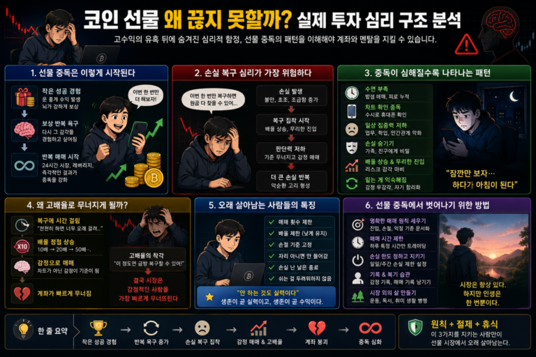 코인 선물 투자에서 반복 손실과 청산이 발생하는 이유를 심리·수수료·레버리지 관점으로 설명하는 웹툰 스타일 인포그래픽