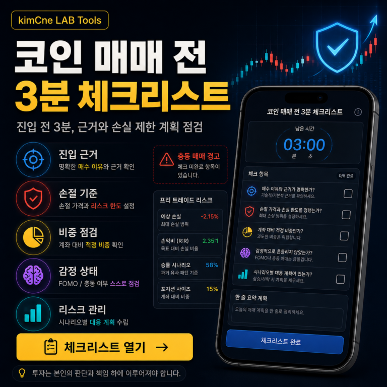 코인 매매 전 3분 체크리스트로 진입 근거 손절 기준 비중 감정 상태 리스크 관리를 점검하는 화면