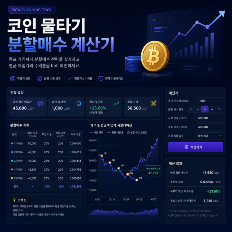코인 물타기와 분할매수 시 평균 매입가 변화를 계산하는 kimCne LAB Tools 계산기 카드 이미지